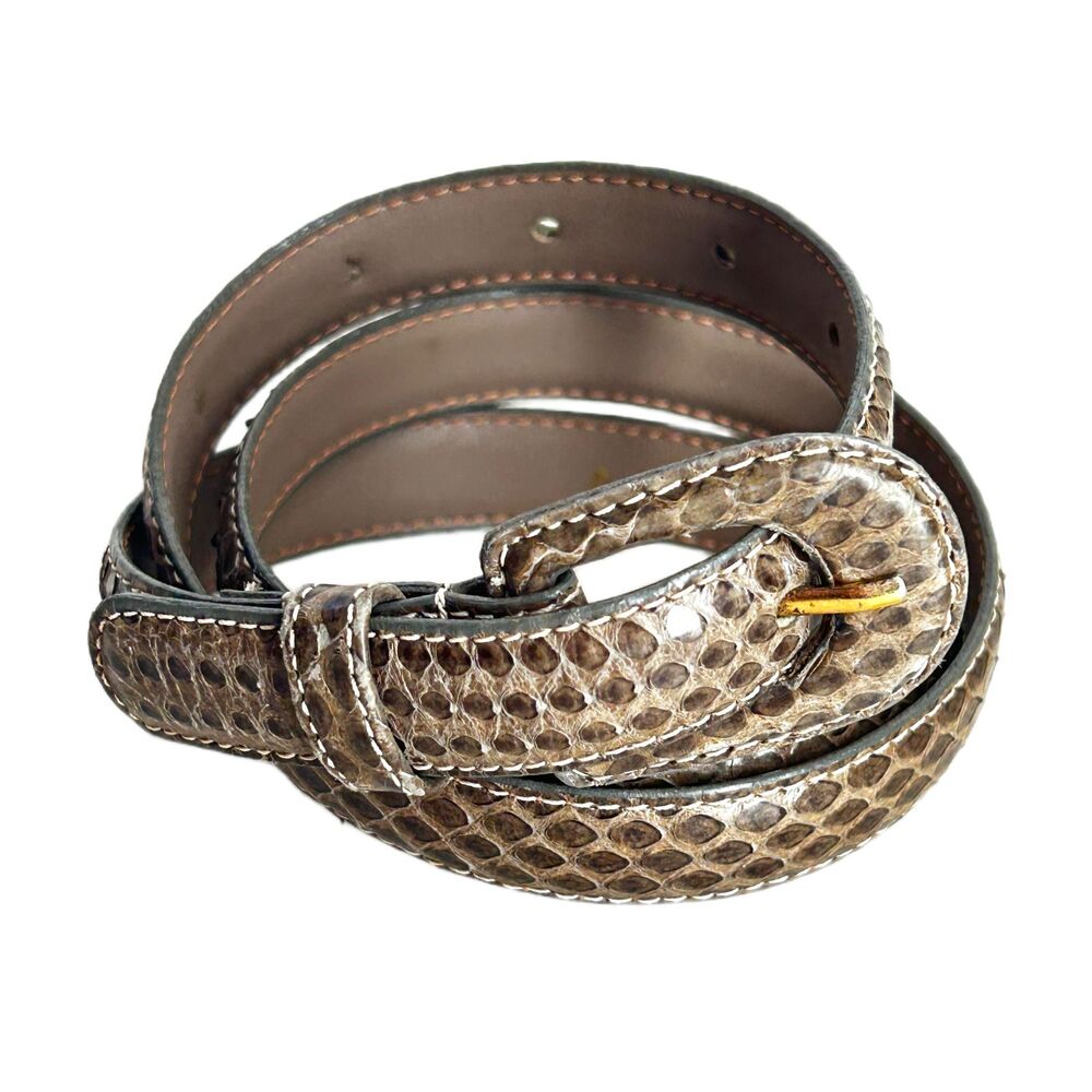 A Taylor Olive Beige Taupe Snakeskin Leather Skinny Belt Womens M Snake Skin